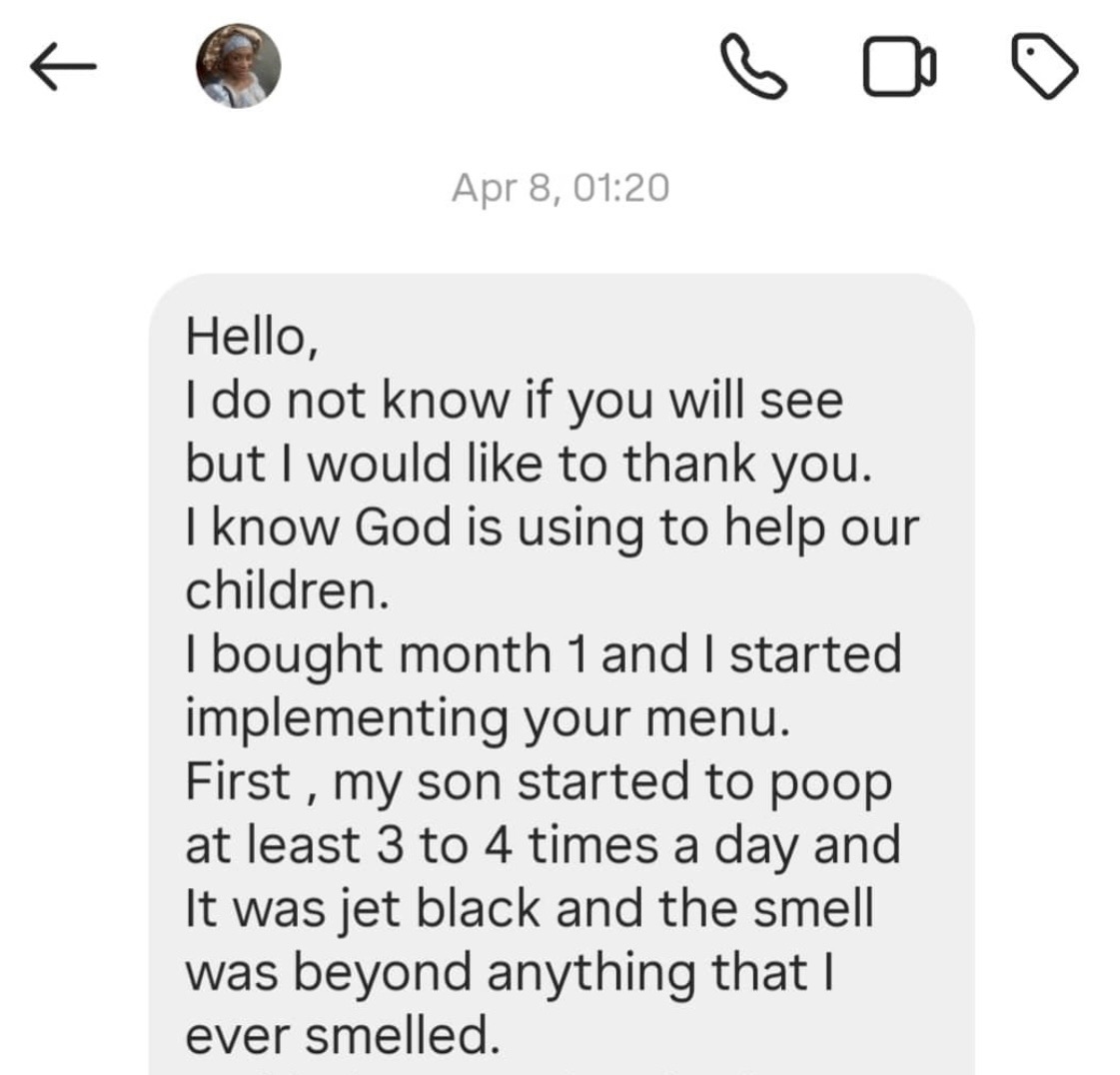 Message thanking Naana: son started passing stool 3-4 times a day after starting month 1.