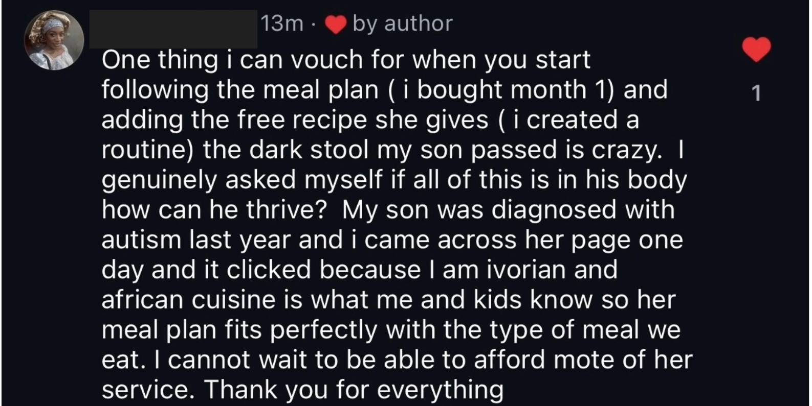 Comment from an Ivorian mom: meal plan fits perfectly with African cuisine; son thriving after autism diagnosis.