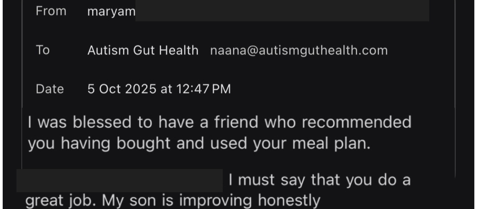 Email from Maryam: blessed to have a friend recommend the meal plan; son is improving.